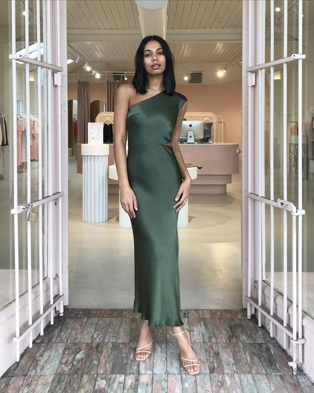 Bec & Bridge Delphine Asymmetric Midi Dress Green Size 6 for rent on The Volte - main image