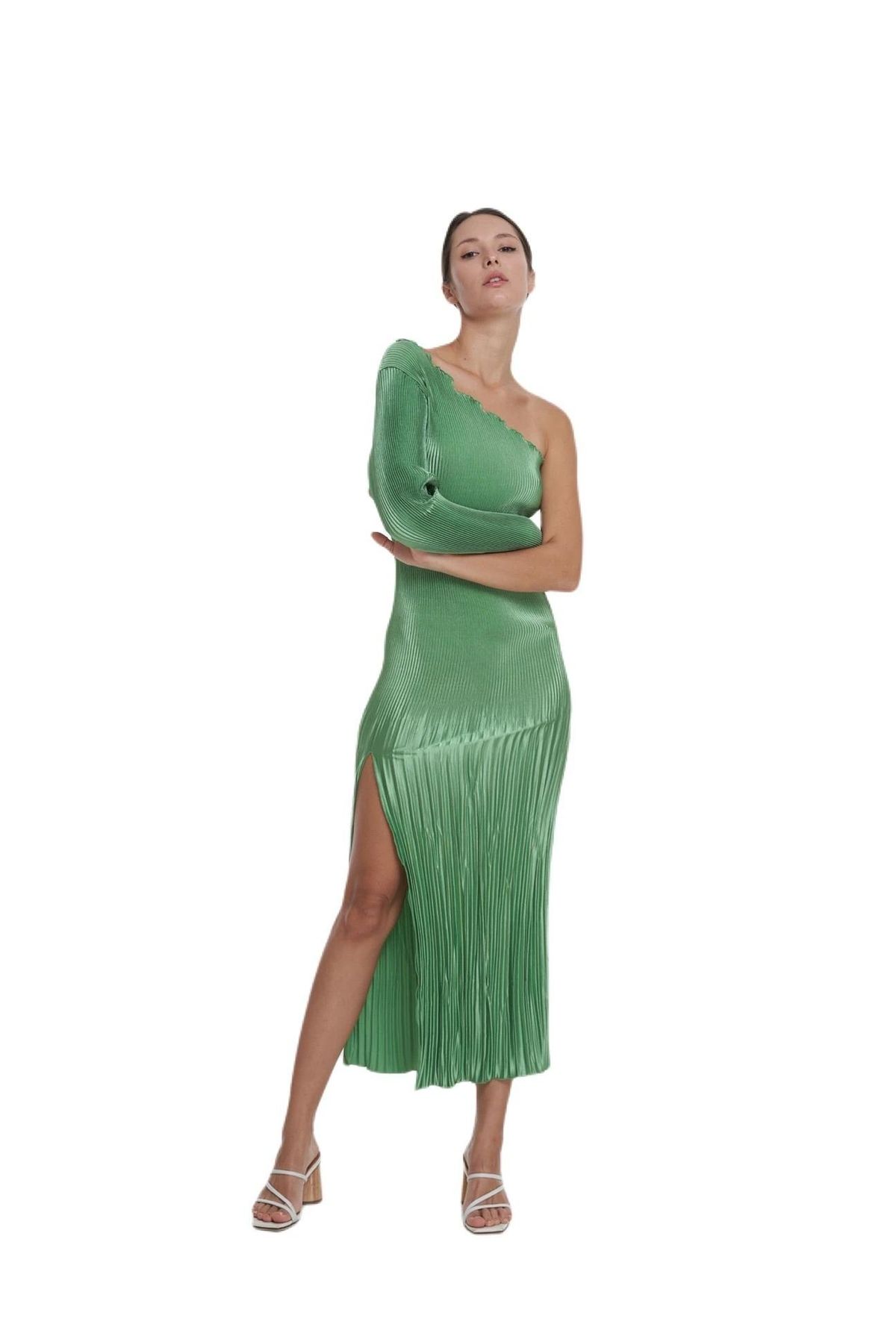 L'Idee Soirée One Shoulder Sleeve Gown Green Size 8  for rent on The Volte - main image