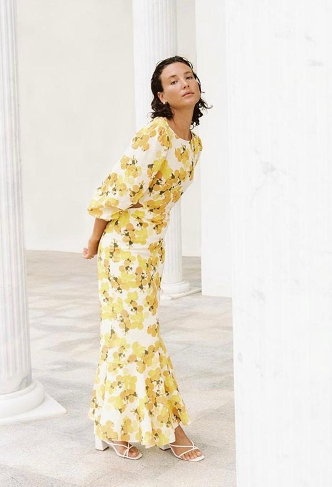 Peony Citrus Hi Neck Cut Out Dress Print Size 10 for rent on The Volte - main image