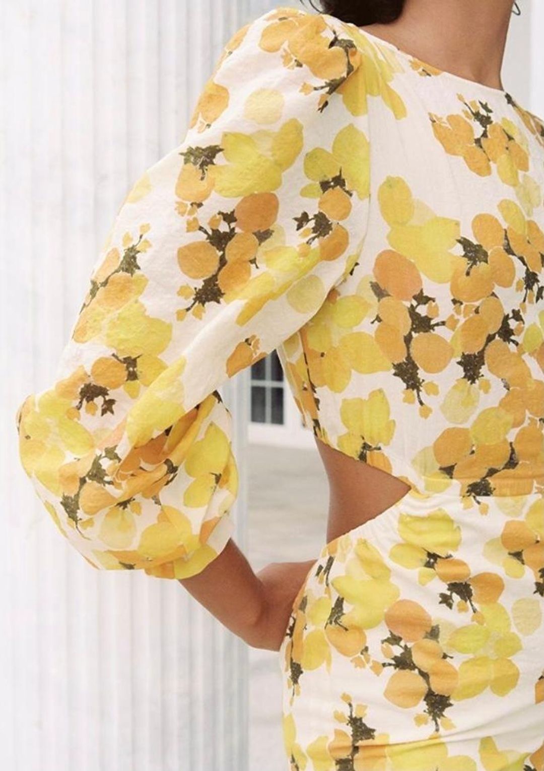 Peony Citrus Hi Neck Cut Out Dress Print Size 10 for rent on The Volte - main image