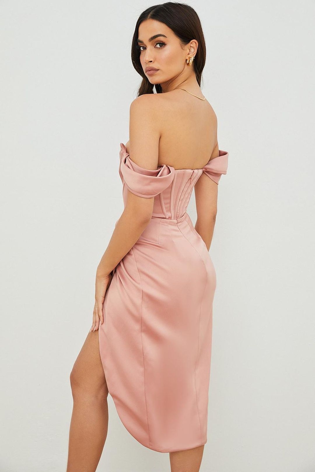 House Of CB Loretta Blush Satin Off Shoulder Midi Dress Pink Size 8  for rent on The Volte - main image