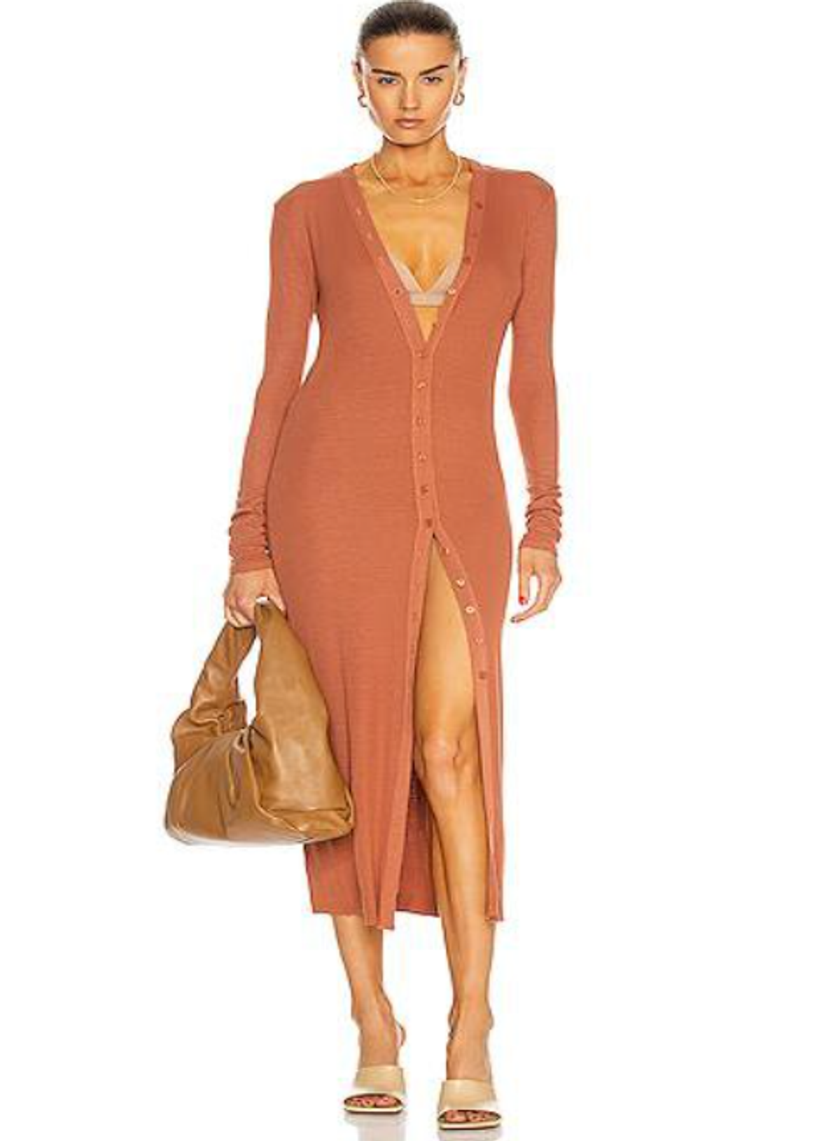 Enza Costa Silk Rib Cardigan Midi Dress Brown Size 8 for rent on The Volte - main image