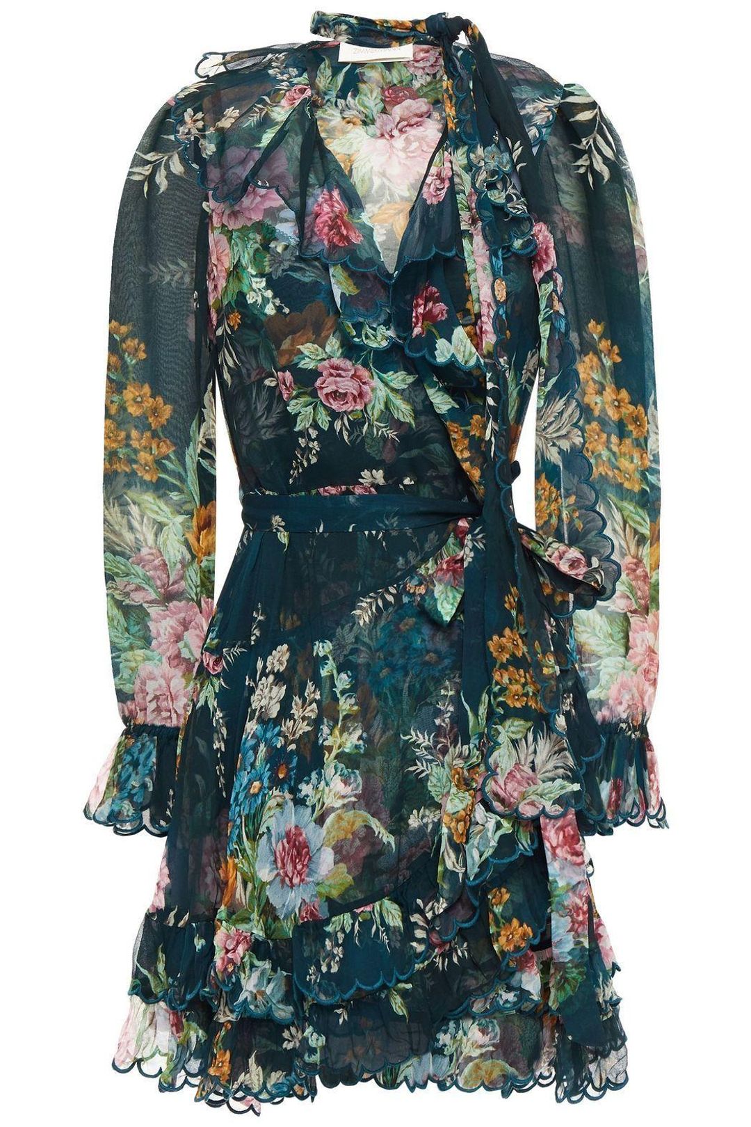 Zimmermann Wavelength Scallop Ruffled Wrap Around Mini Dress Teal Daphne Floral Print Size 1 / AU 10 for rent on The Volte - main image
