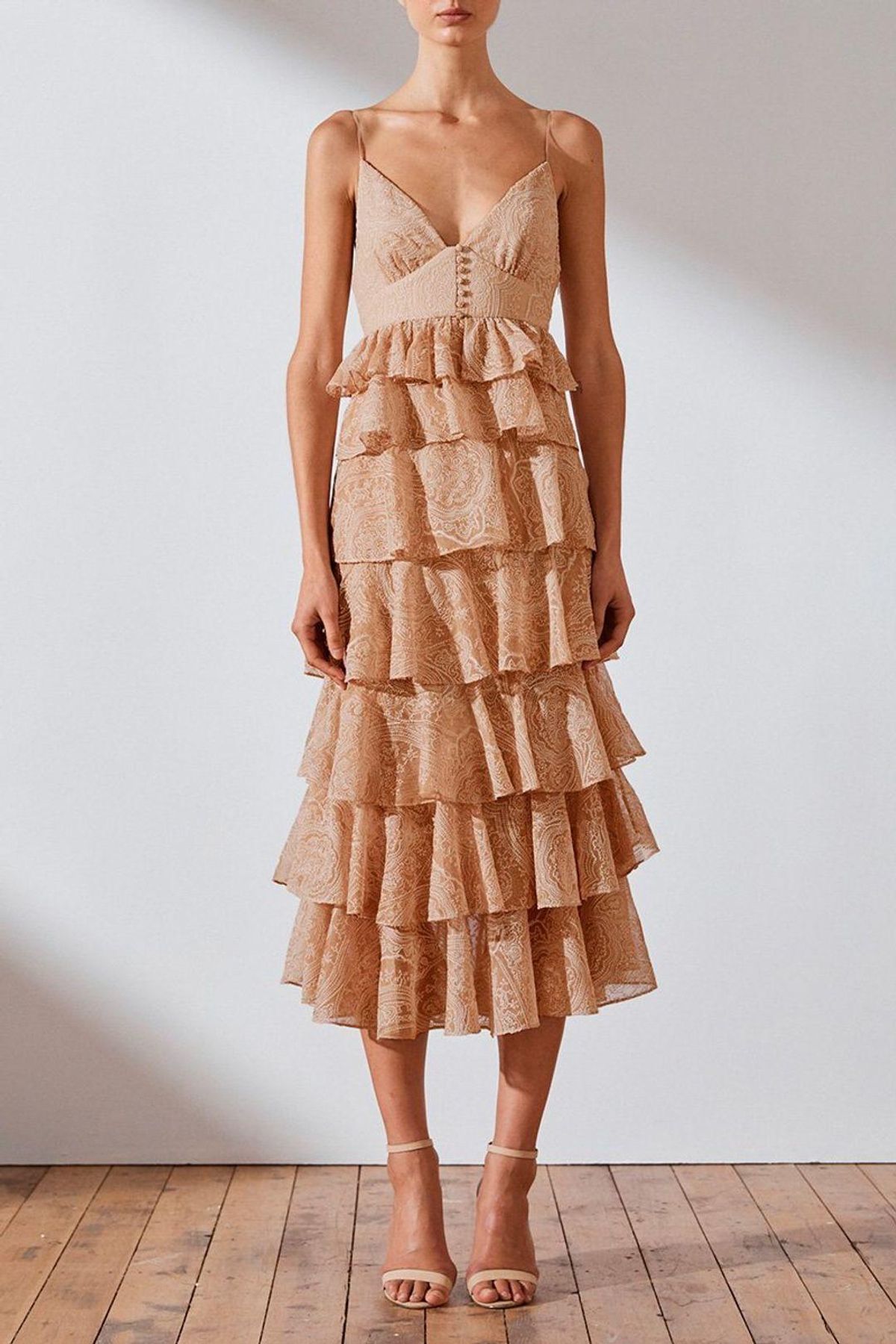 Shona Joy Monroe Tiered Midi Dress Nude Size 8 for rent on The Volte - main image