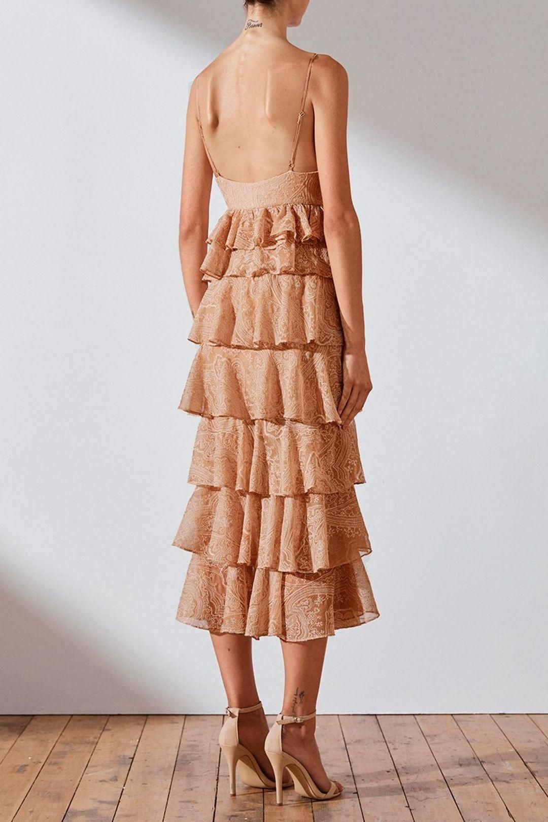Shona Joy Monroe Tiered Midi Dress Nude Size 8 for rent on The Volte - main image