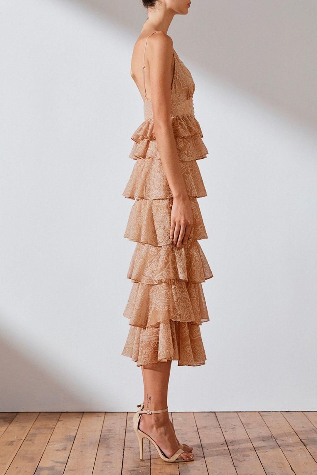 Shona Joy Monroe Tiered Midi Dress Nude Size 8 for rent on The Volte - main image