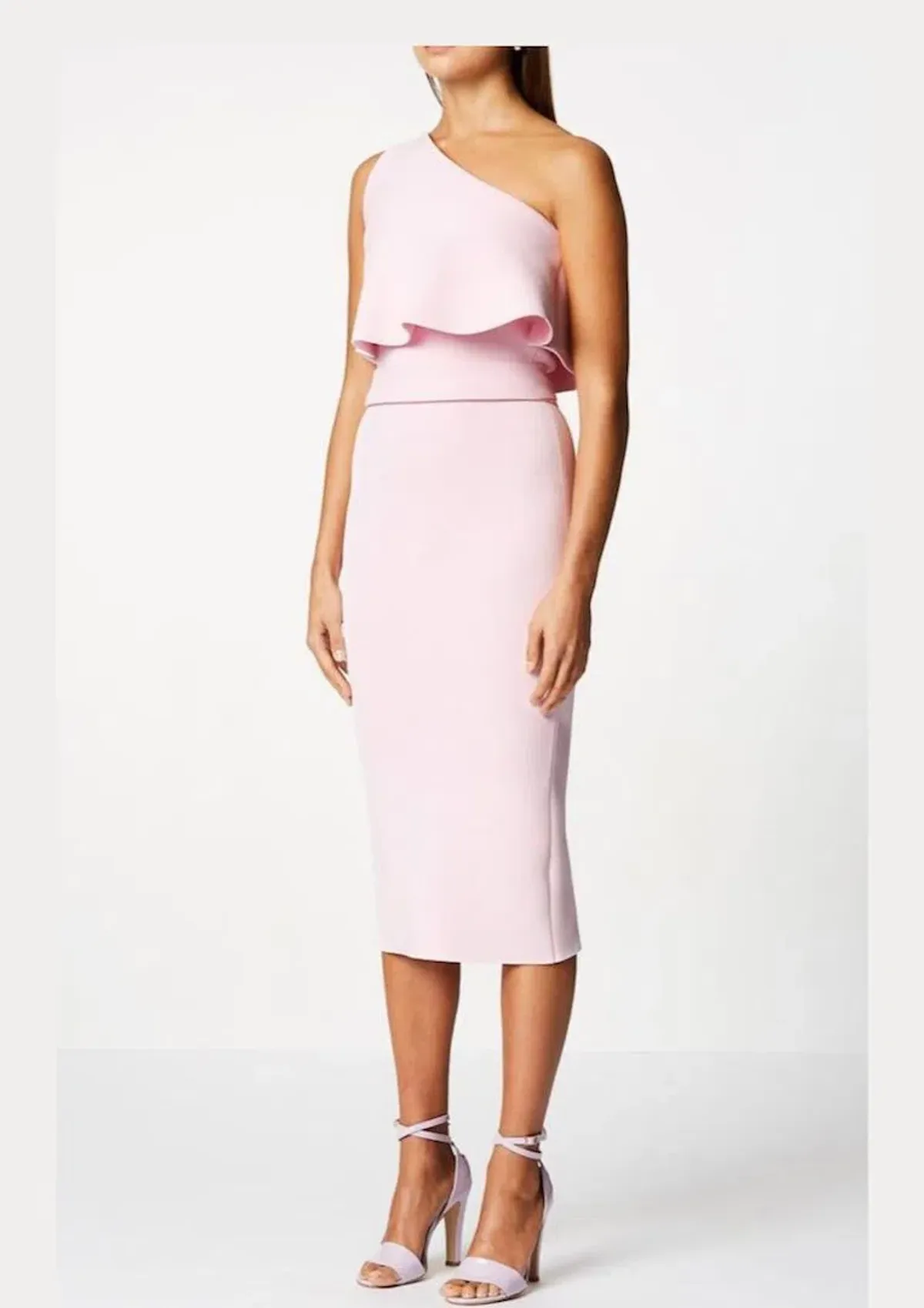 Scanlan Theodore Sleeves Crepe Knit Ruffle Midi Dress Pink Size 6 for rent on The Volte - main image