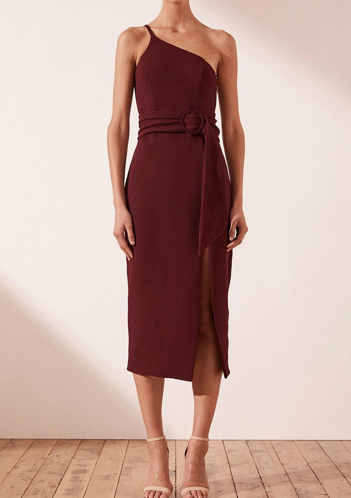 Shona Joy One Shoulder Leg Split Midi Dress Red Size 10 for rent on The Volte - main image