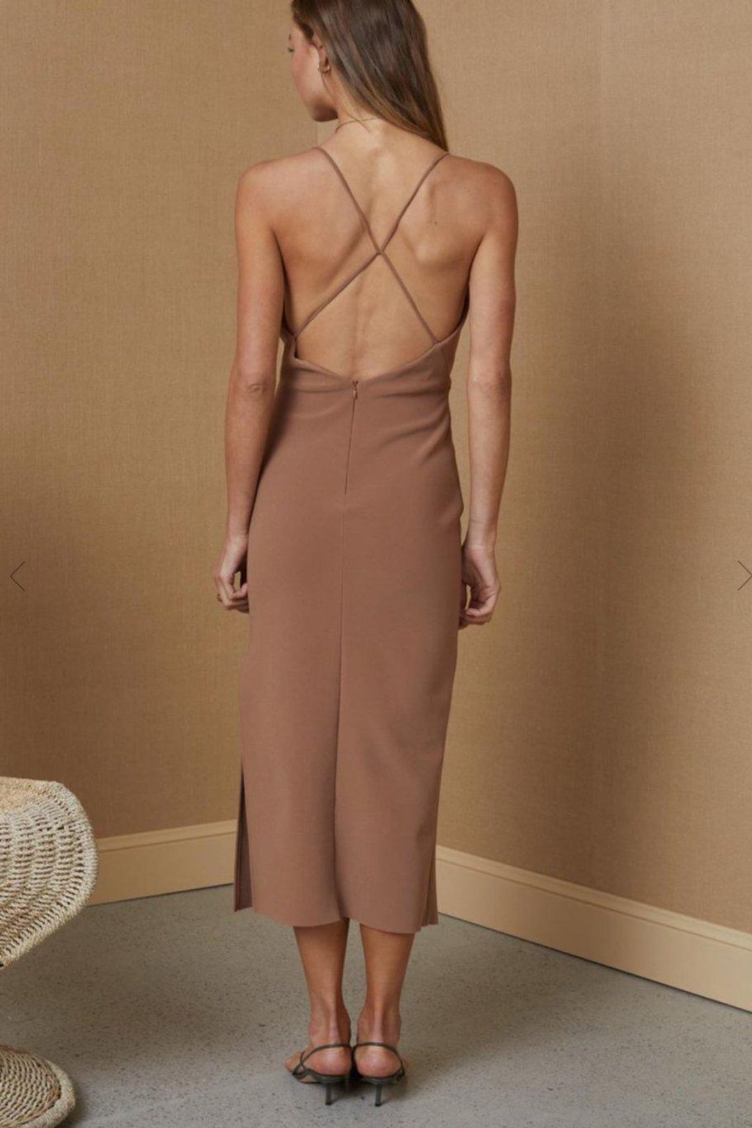 Bec & Bridge Maddison V Midi Dress Brown Size 14 for rent on The Volte - main image
