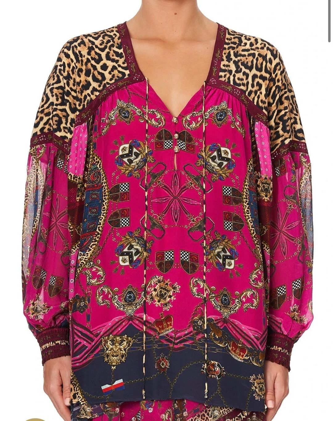 Camilla Dining Hall Darling Blouson Blouse With Neck Tie and Asymmetrical Ruffle Skirt Set Print Size 12 for rent on The Volte - main image
