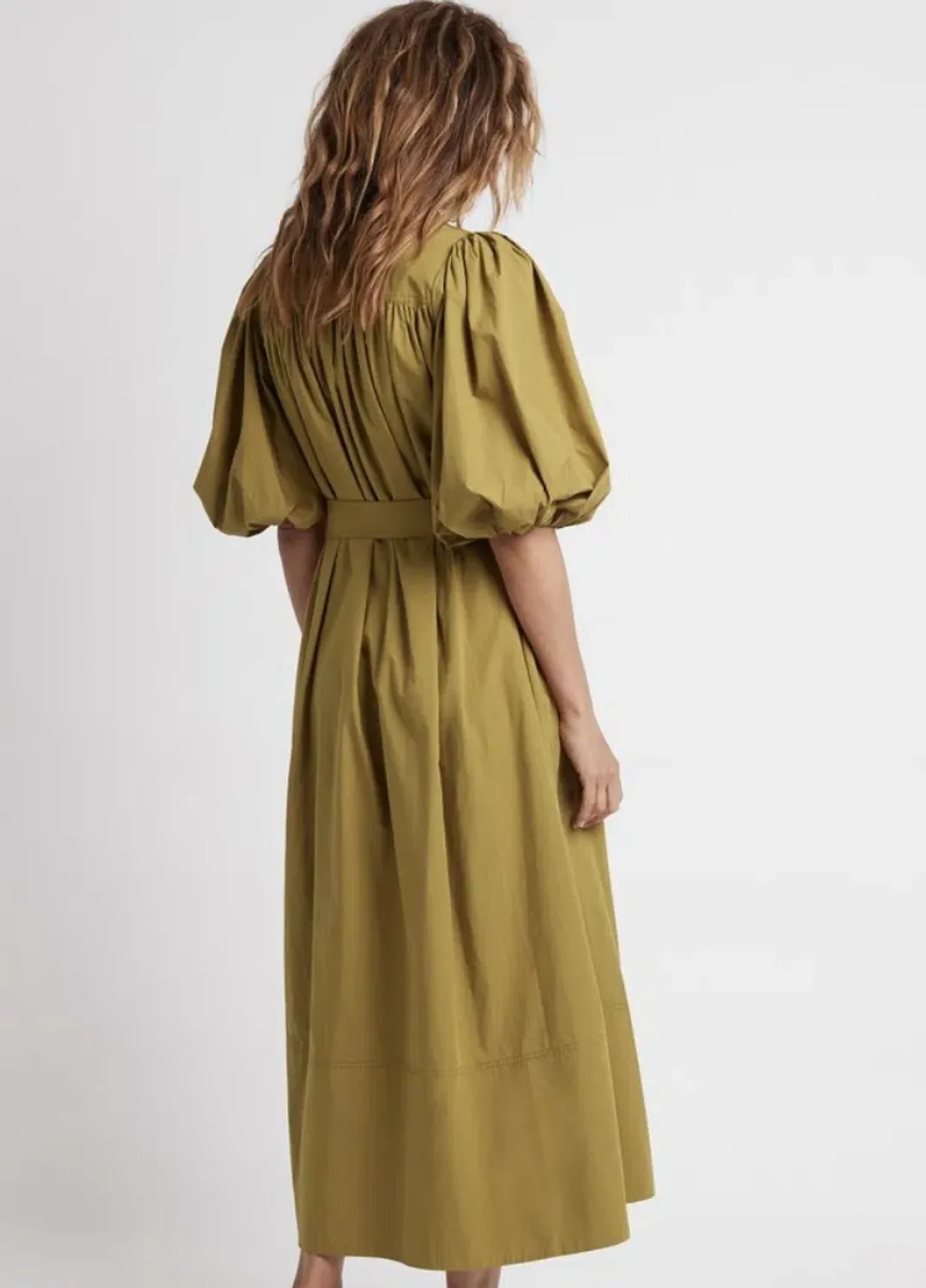Aje Casabianca Puff Sleeve Shirt Dress in Olive Green - Size 6 for rent on The Volte - main image