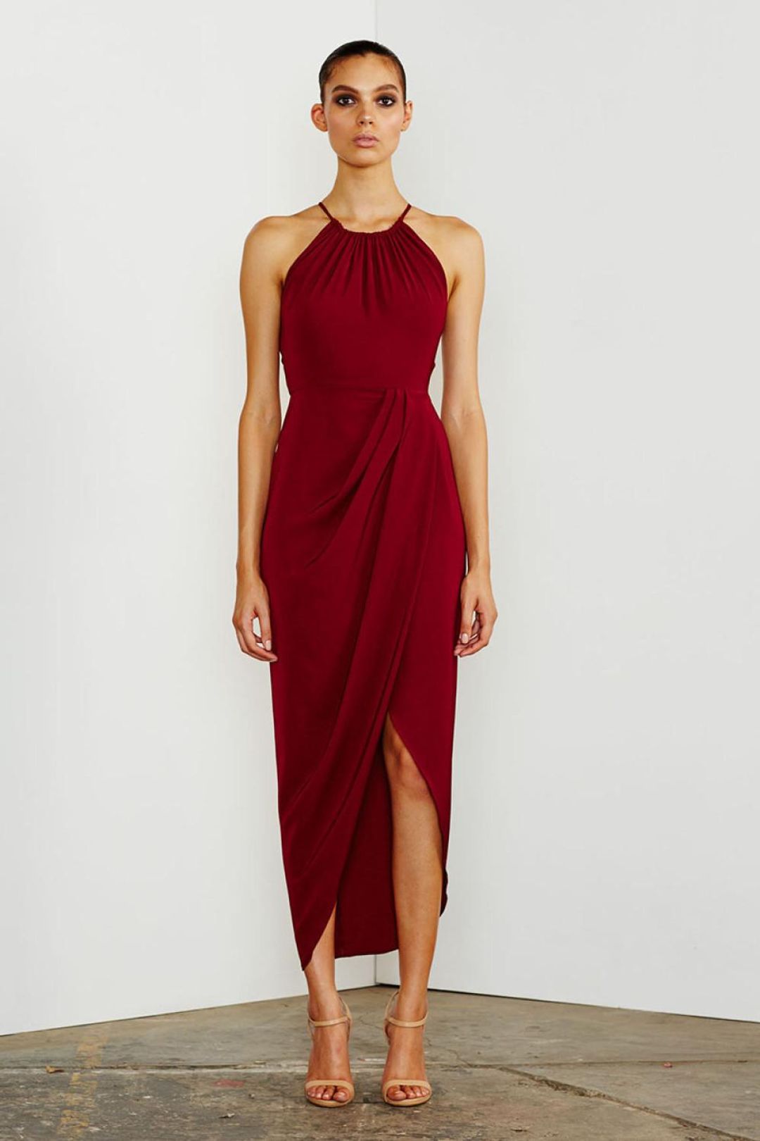 Shona Joy - Core high Neck Ruched Dress - Burgundy  for rent on The Volte - main image