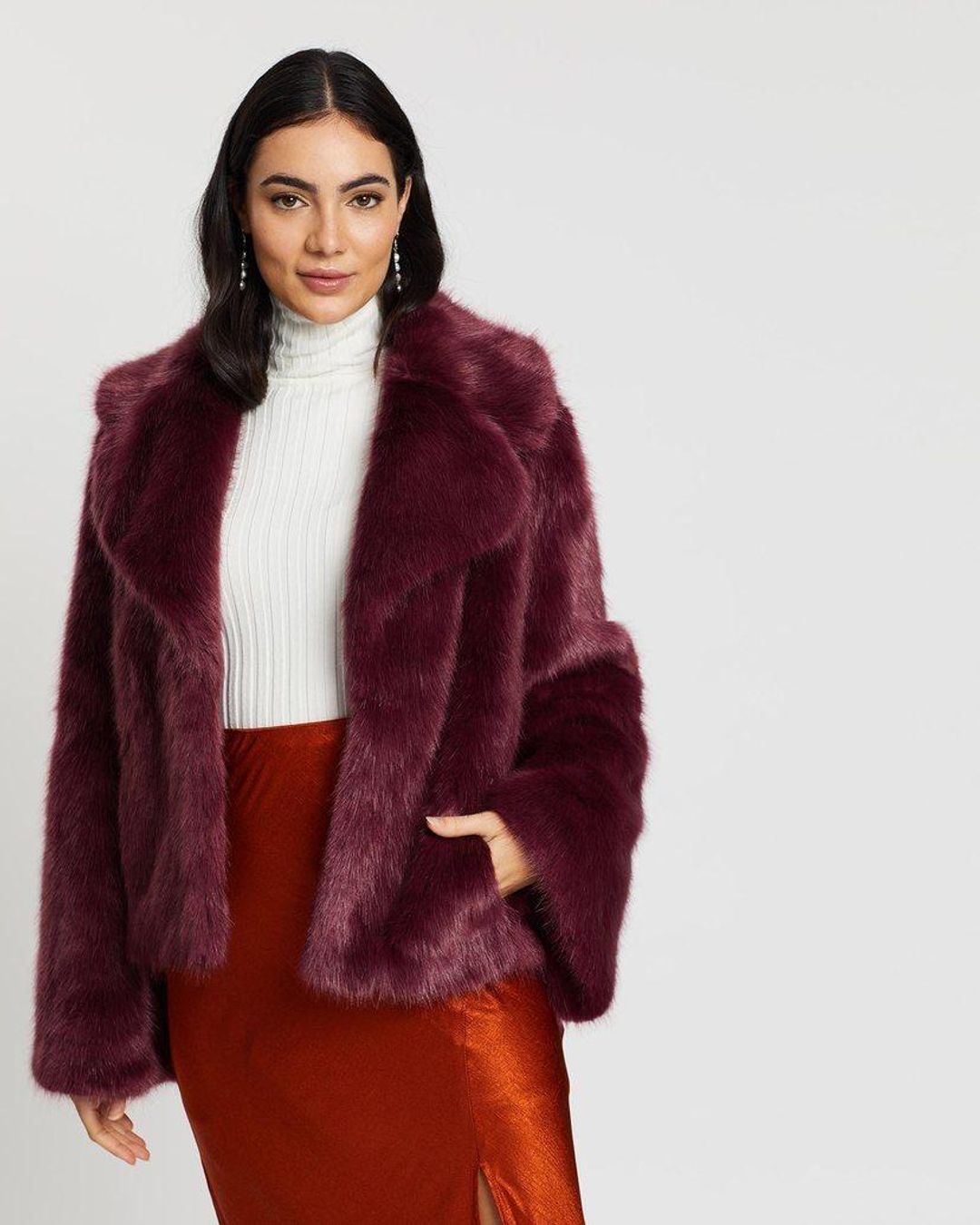 Unreal Fur Madam Butterfly Jacket Wine Size 10  for rent on The Volte - main image
