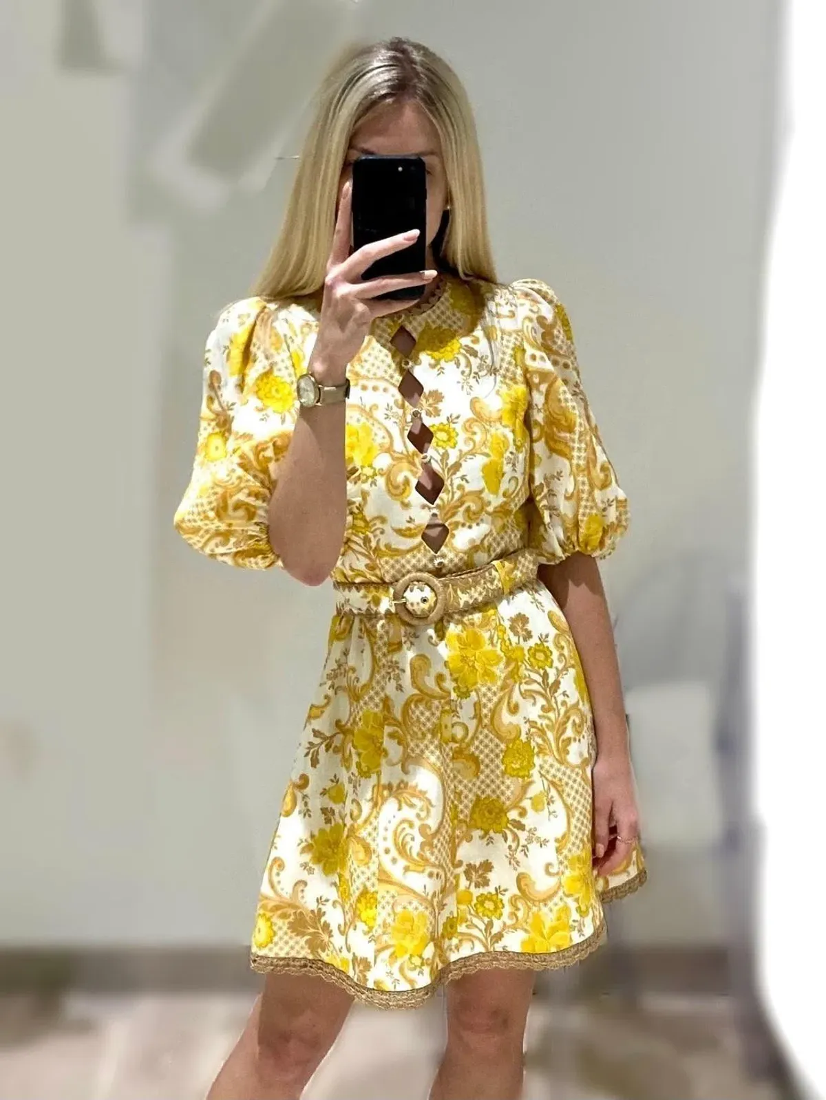 Zimmermann Postcard Mini Dress Swirl Floral Yellow Size 8 for rent on The Volte - main image