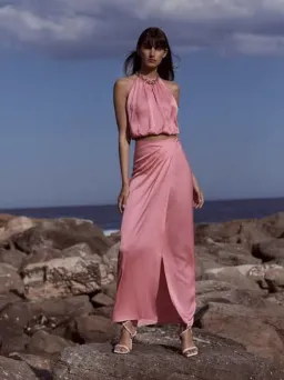 Scanaln Theodore Pink Textured Silk Long Wrap Skirt and Adjustable Halter Top for rent on The Volte - image 1