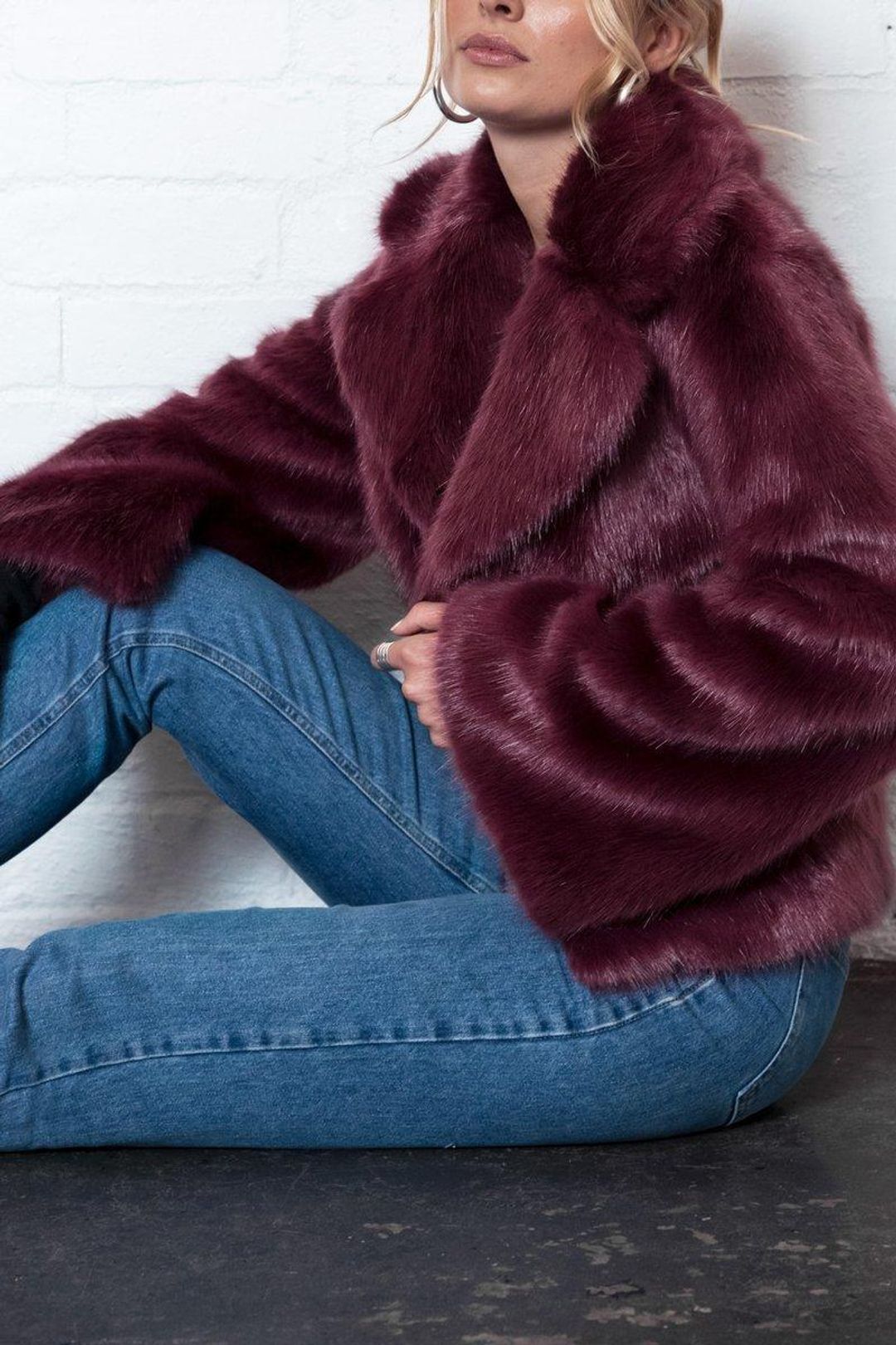 Unreal Fur Madame Butterfly Faux Fur Jacket Wine Size M for rent on The Volte - main image