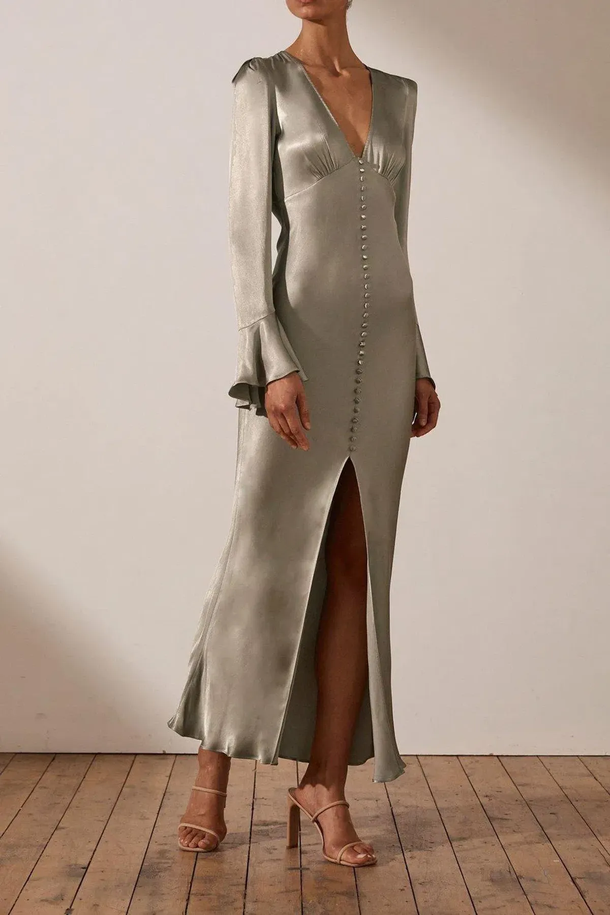 Shona Joy LA LUNE FRILL CUFF BIAS MIDI DRESS - SAGE for rent on The Volte - main image