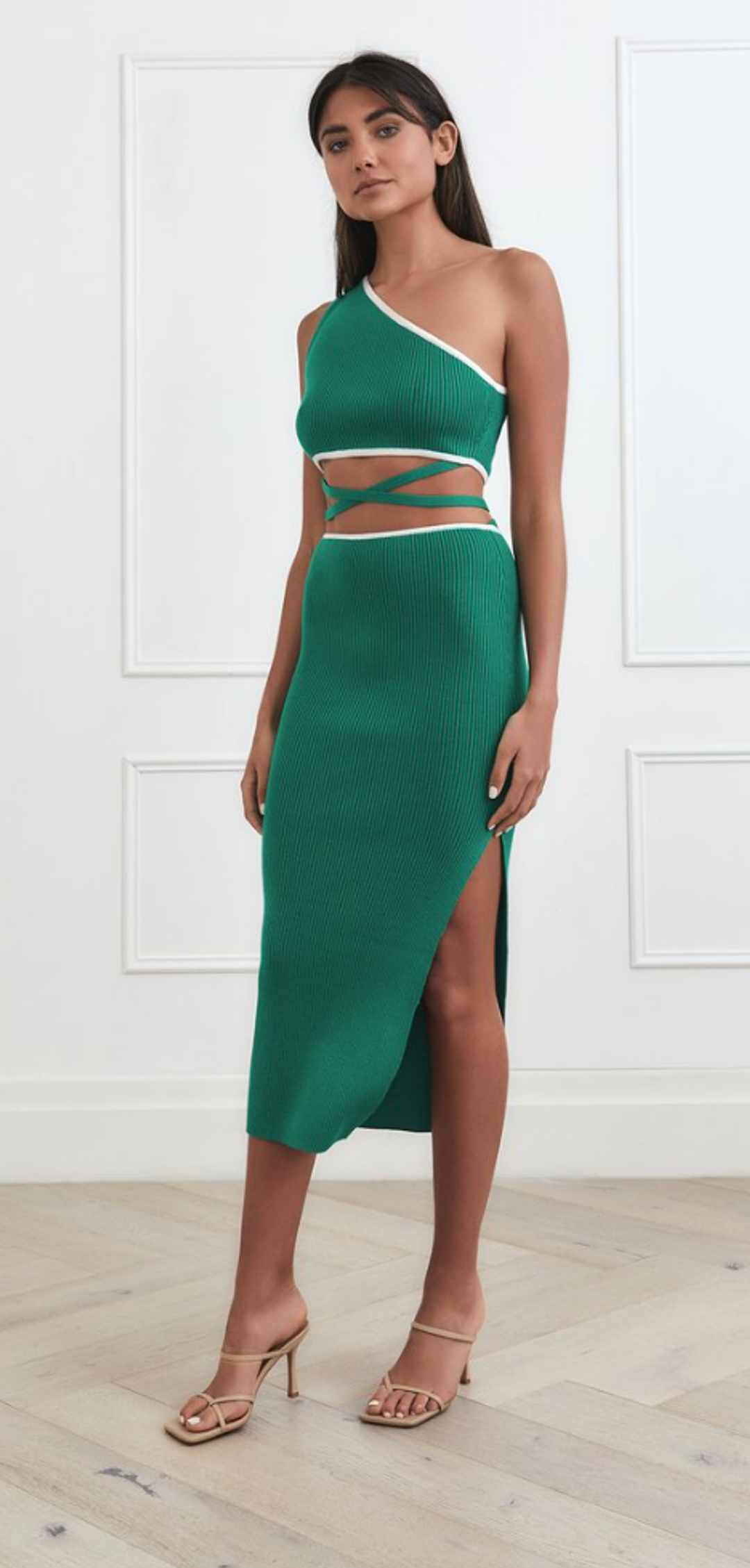 San Sloane Ariana Rib Midi Dress Green-White for rent on The Volte - main image