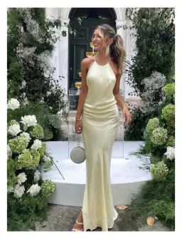 Michael Lo Sordo Hudson Bias Crystal Halter Dress Pale Yellow Size 6 for rent on The Volte - image 1