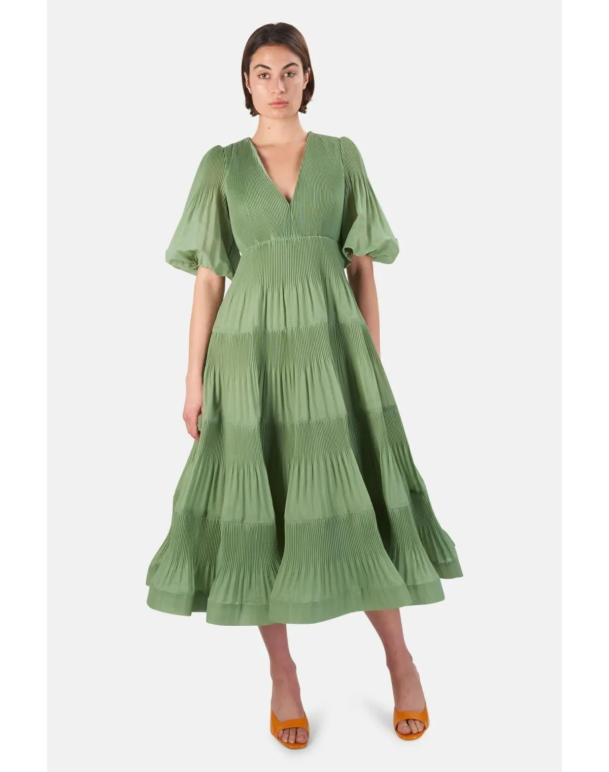 Zimmerman Pleated Balloon Sleeve Tiered Dress In Fern Size 2 / AU 12 for rent on The Volte - main image