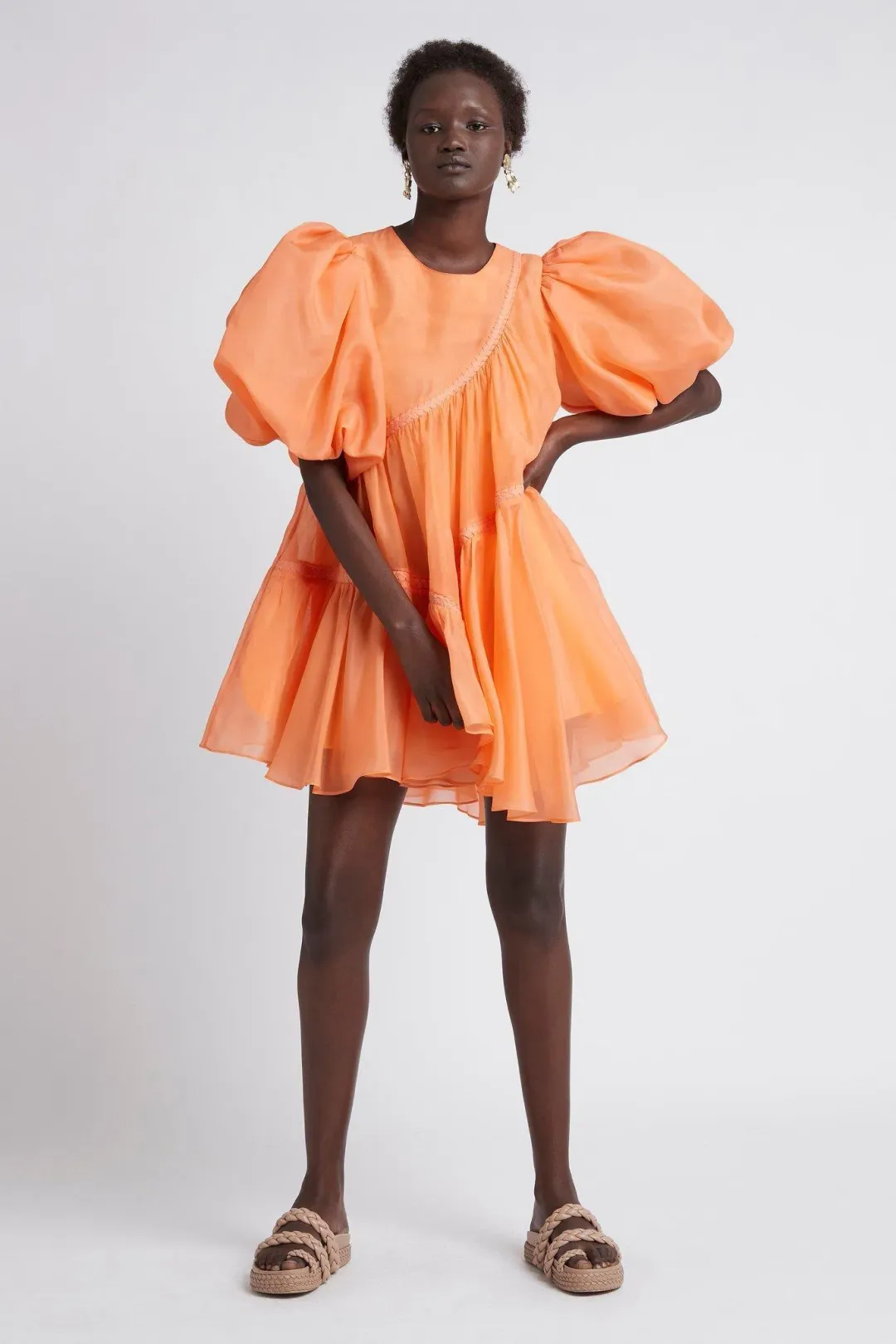 Aje Riviera Asymmetric Braided Puff Sleeve Smock Dress Mandarin Orange Size 6 for rent on The Volte - main image