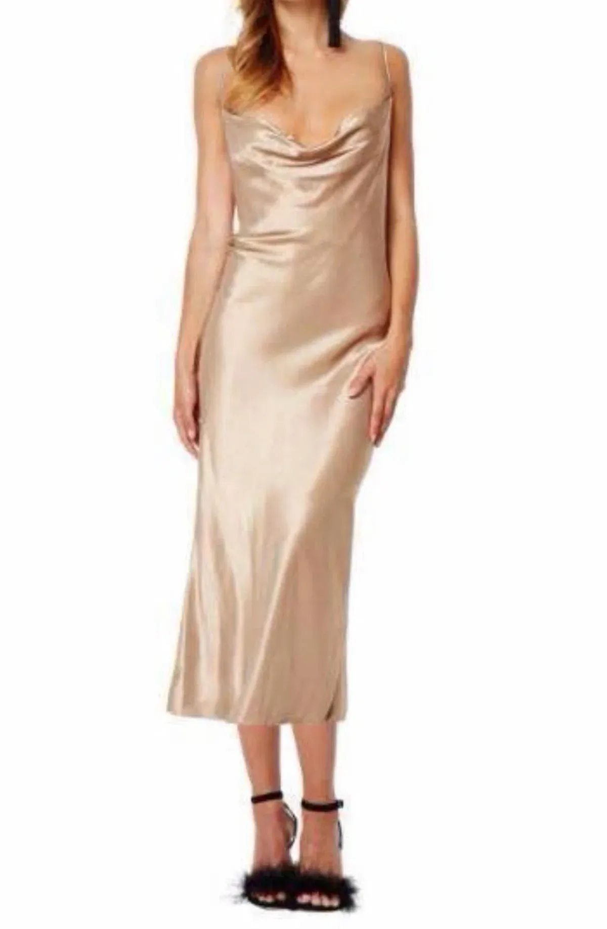 Bec And Bridge Gold Shimmy Nights Cowl Neck Dress Size 8 for rent on The Volte - main image