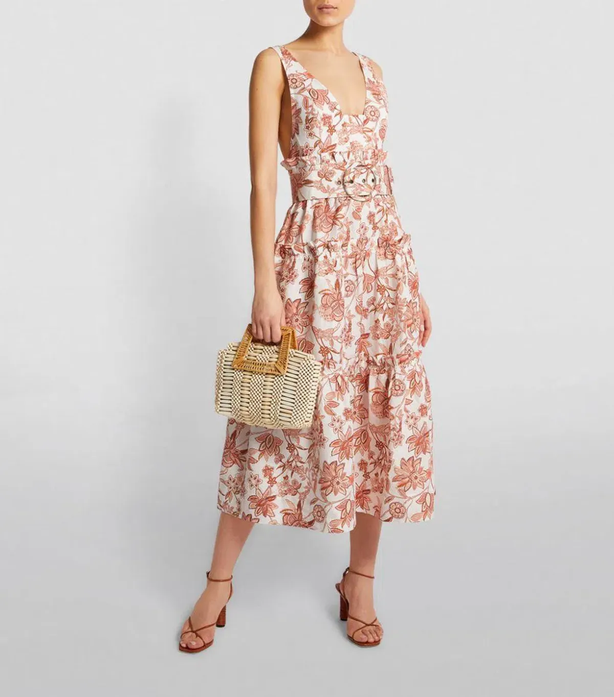 Shona Joy Carolina Linen Tiered Midi Floral Dress Print Size 10 for rent on The Volte - main image