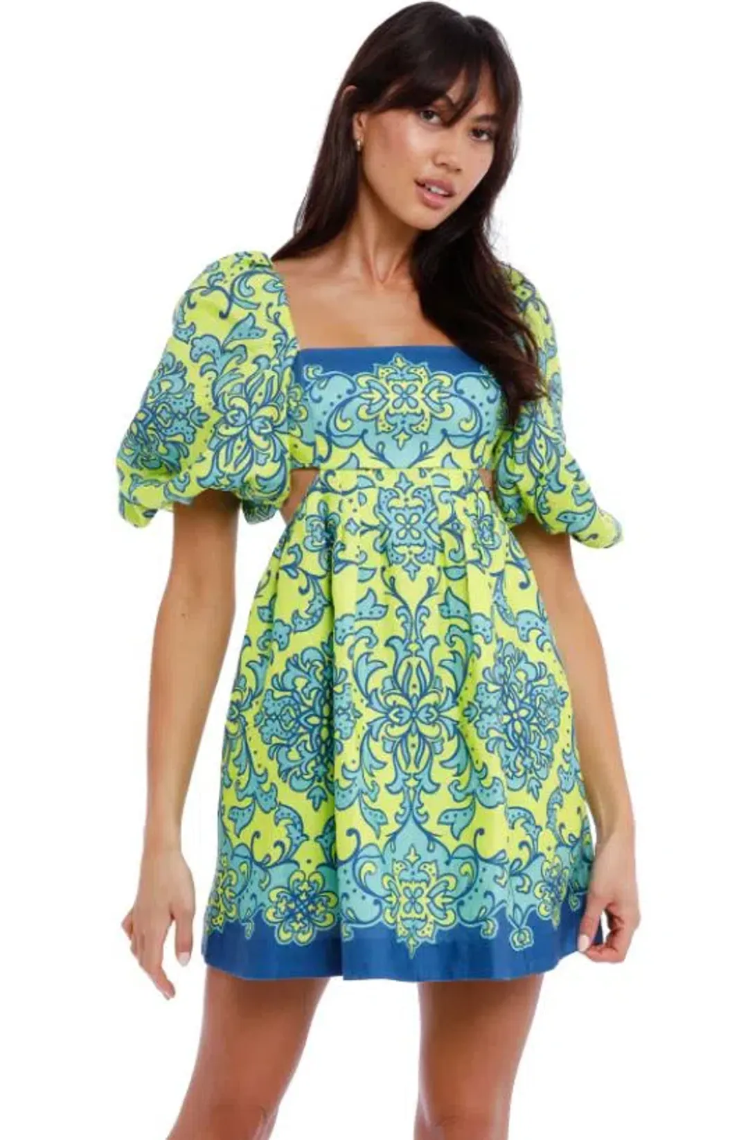 Zimmermann Nina Cut Out Mini Dress Lime Print Size 0 / AU 8 for rent on The Volte - main image
