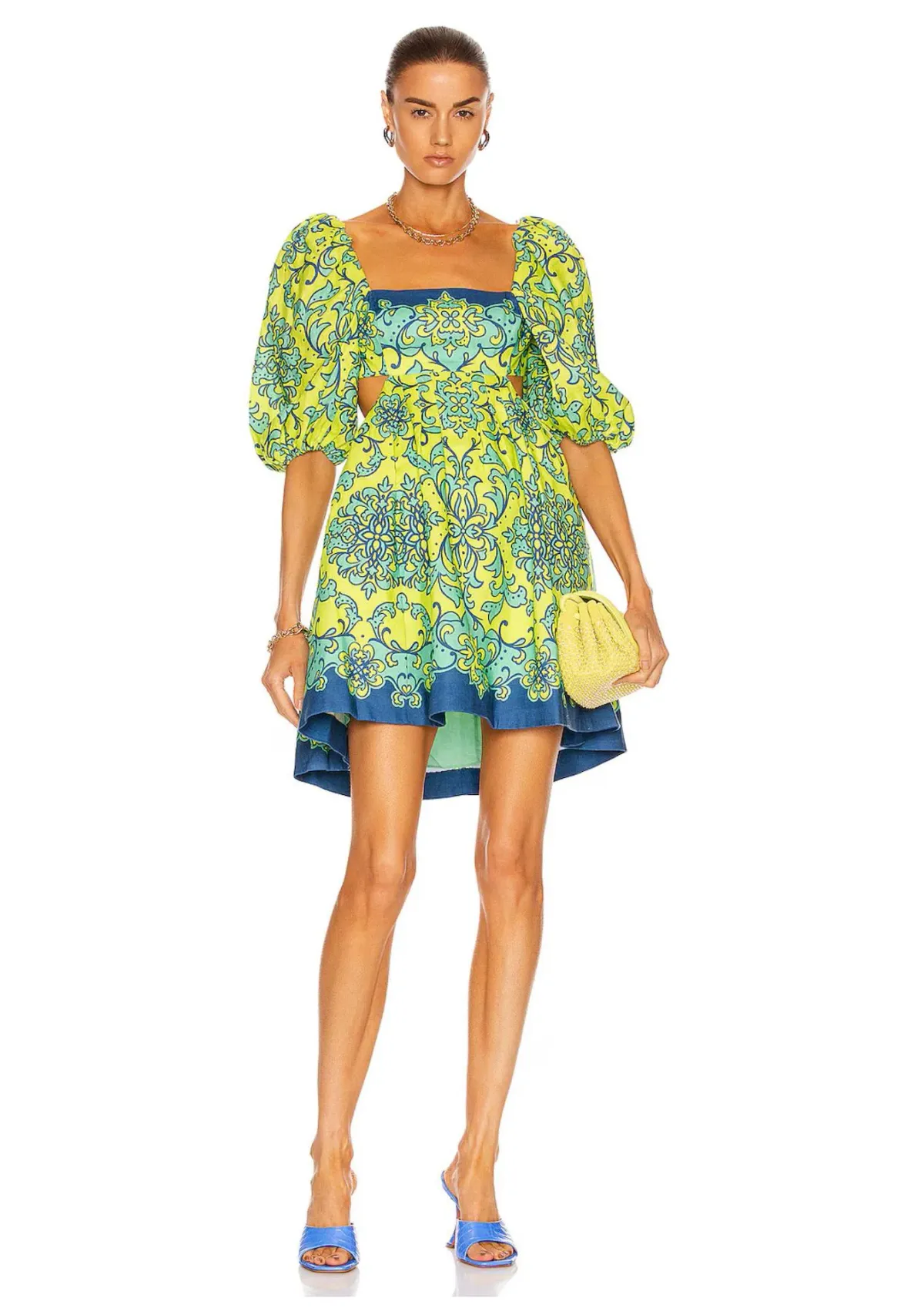 Zimmermann Nina Cut Out Mini Dress Lime Print Size 0 / AU 8 for rent on The Volte - main image