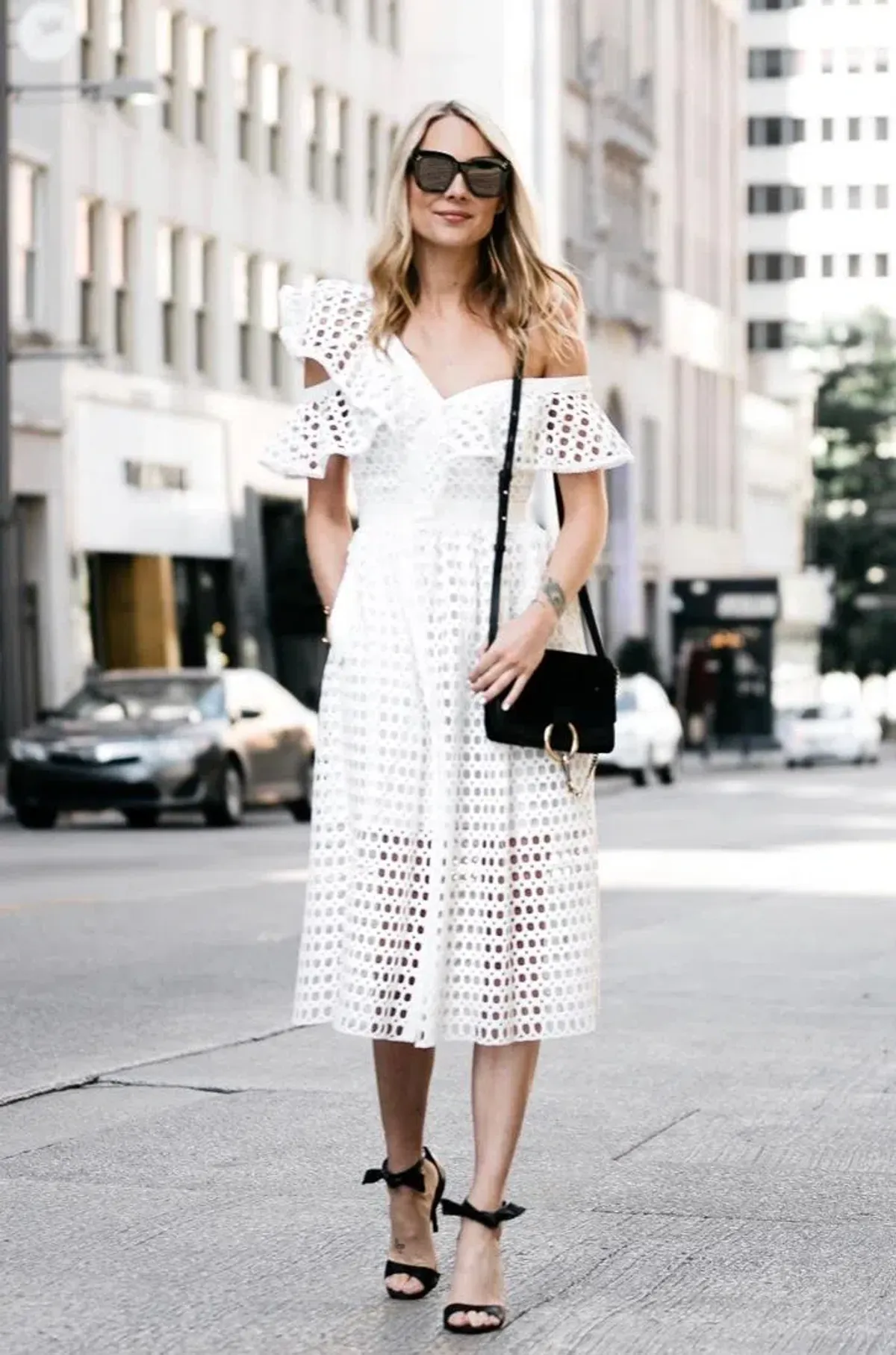 Self Portrait Asymmetric Ruffle Off the Shoulder Dress White Size 14 for rent on The Volte - main image