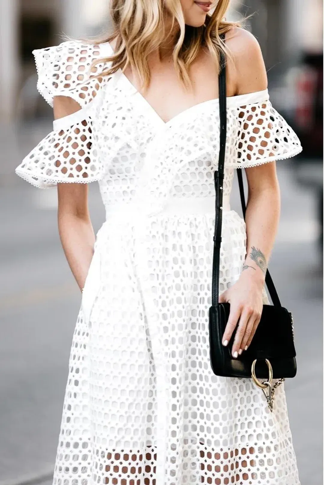 Self Portrait Asymmetric Ruffle Off the Shoulder Dress White Size 14 for rent on The Volte - main image