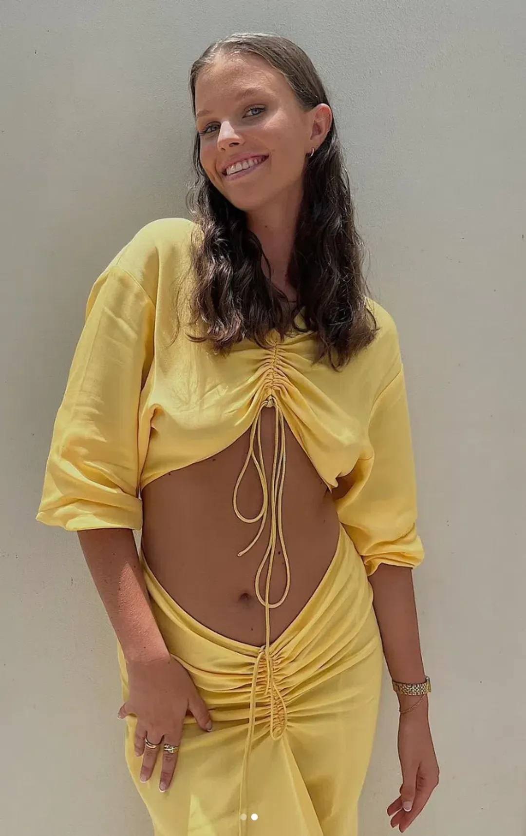 Christopher Esber Ruched Cutout Woven Maxi Dress Yellow Size 10 for rent on The Volte - main image
