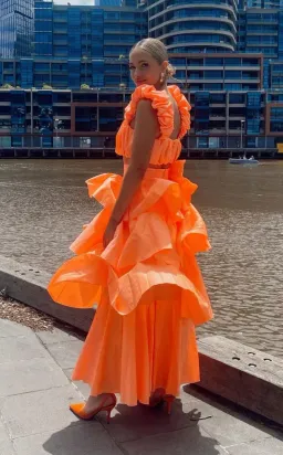 Aje Medina Ruched Crop Top and Tiered Midi Skirt Set Orange Set Size 8 for rent on The Volte - image 3