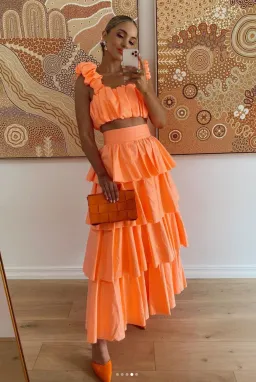 Aje Medina Ruched Crop Top and Tiered Midi Skirt Set Orange Size 10 for rent on The Volte - image 4