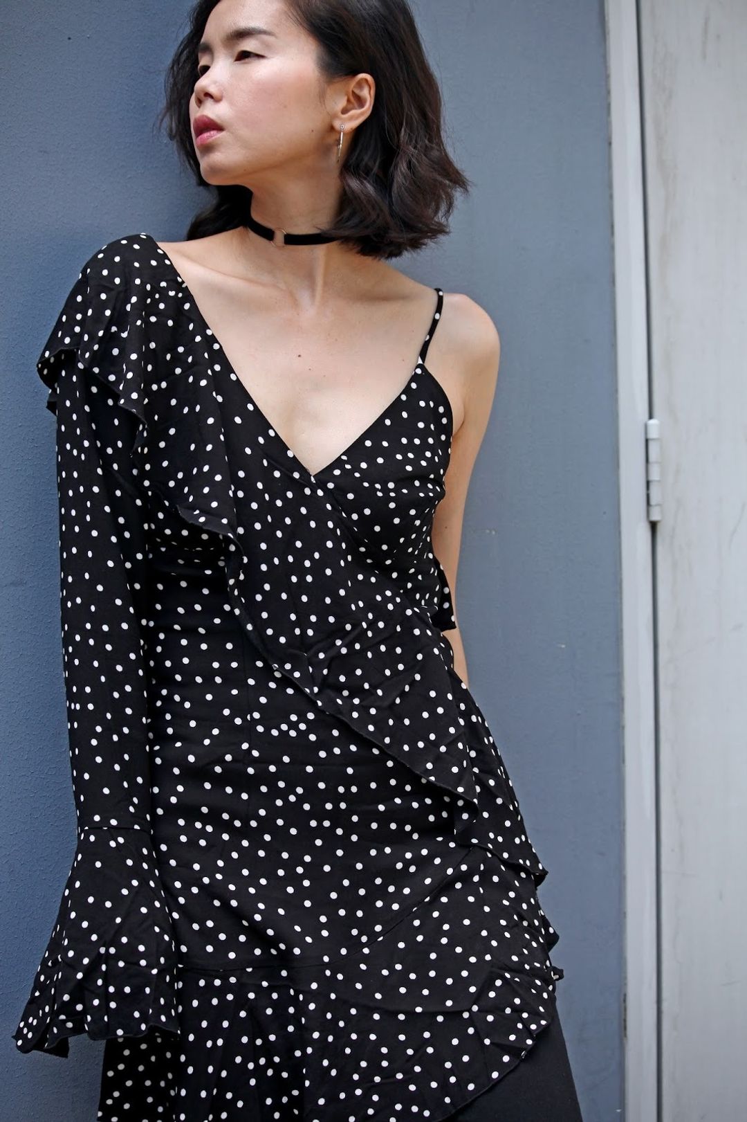 Shakuhachi Spot On One Sleeve Ruffle Polka Dot Dress Print Size 8 for rent on The Volte - main image