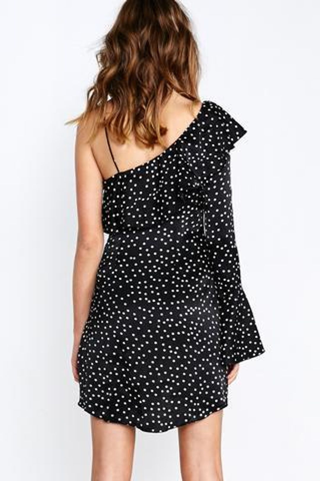 Shakuhachi Spot On One Sleeve Ruffle Polka Dot Dress Print Size 8 for rent on The Volte - main image
