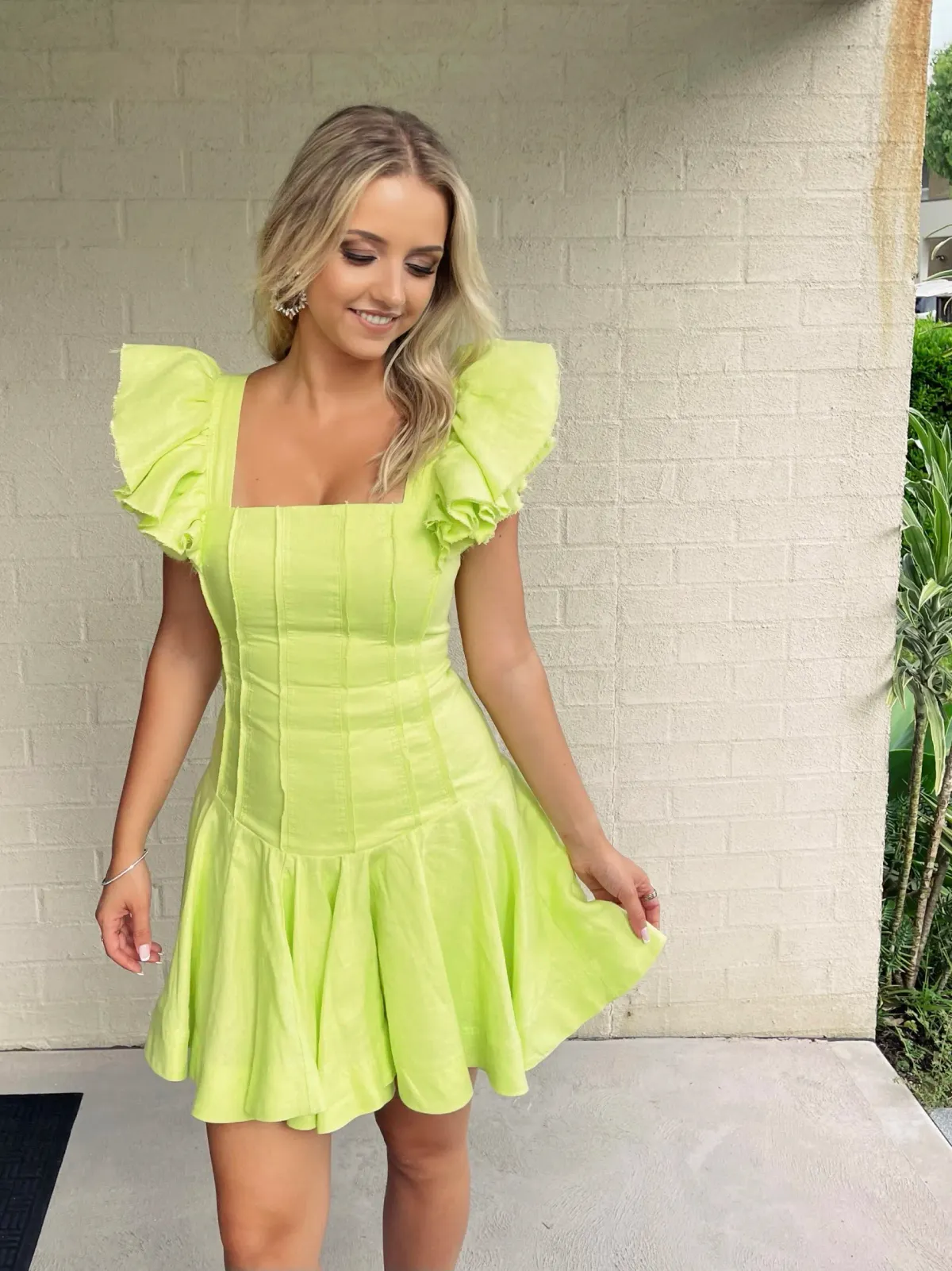 Aje Breathless Frill Sleeve Mini Dress in Lime Green Dress Size 8 for rent on The Volte - main image