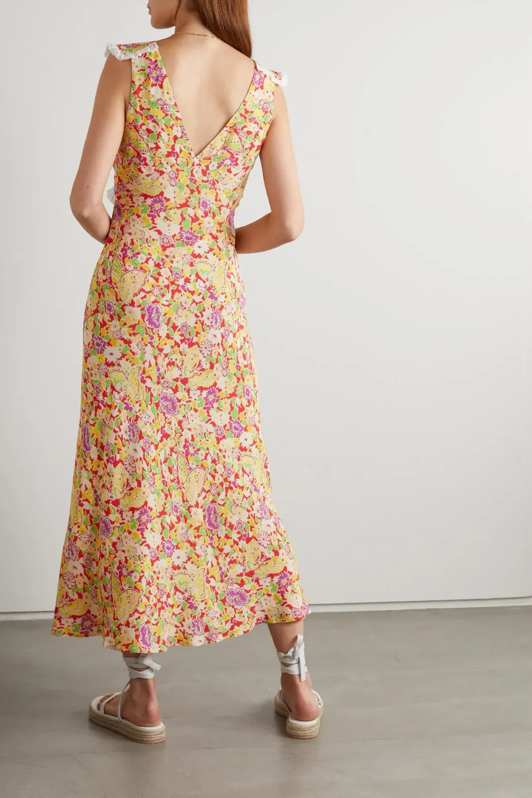 Rixo Storm Crochet Trimmed Crepe Midi Dress Floral Print Size 6 for rent on The Volte - main image