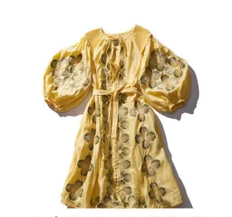 Innika Choo Sir Kulksware Yellow Linen Smock Midi Dress Print One Size for rent on The Volte - image 3
