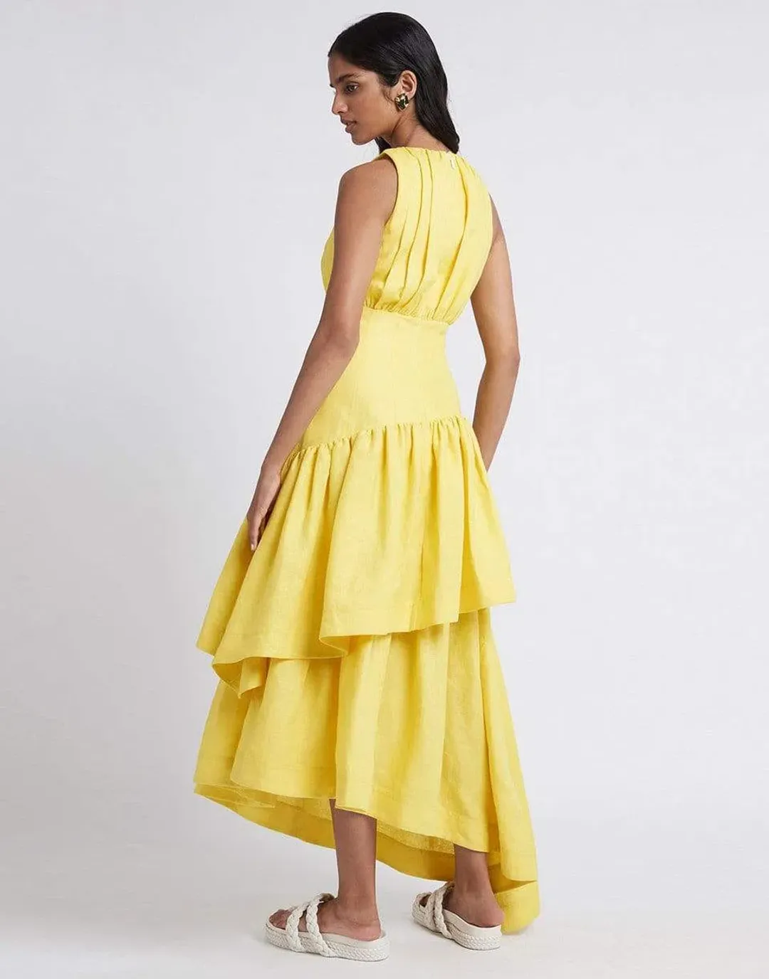 Aje Caliente Tiered Cut Out Midi Dress Yellow Size 14 for rent on The Volte - main image