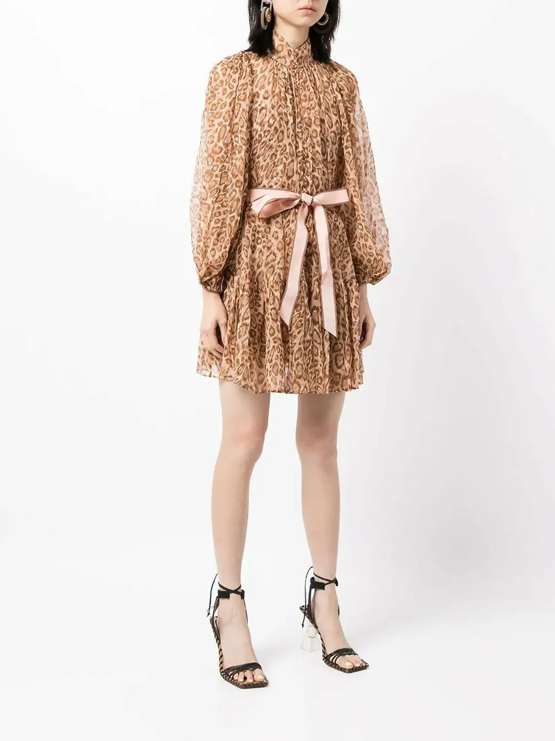 Zimmermann Tempo Bell Sleeve Mini Dress Pink Leopard Print Size 0 / AU 8 for rent on The Volte - main image