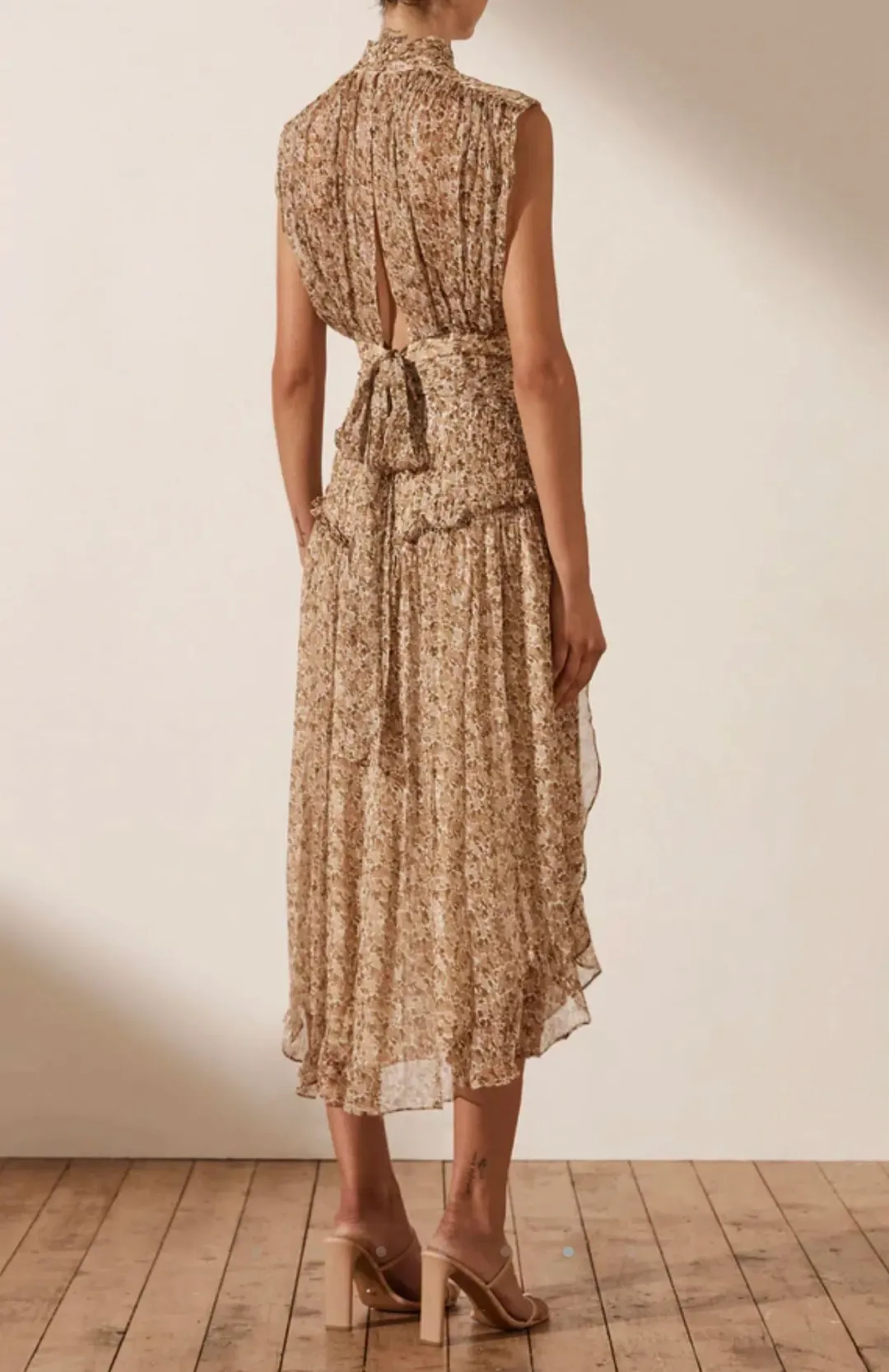 Shona Joy Ambar Sleeveless Open Back Midi Dress Brown Size 6 for rent on The Volte - main image