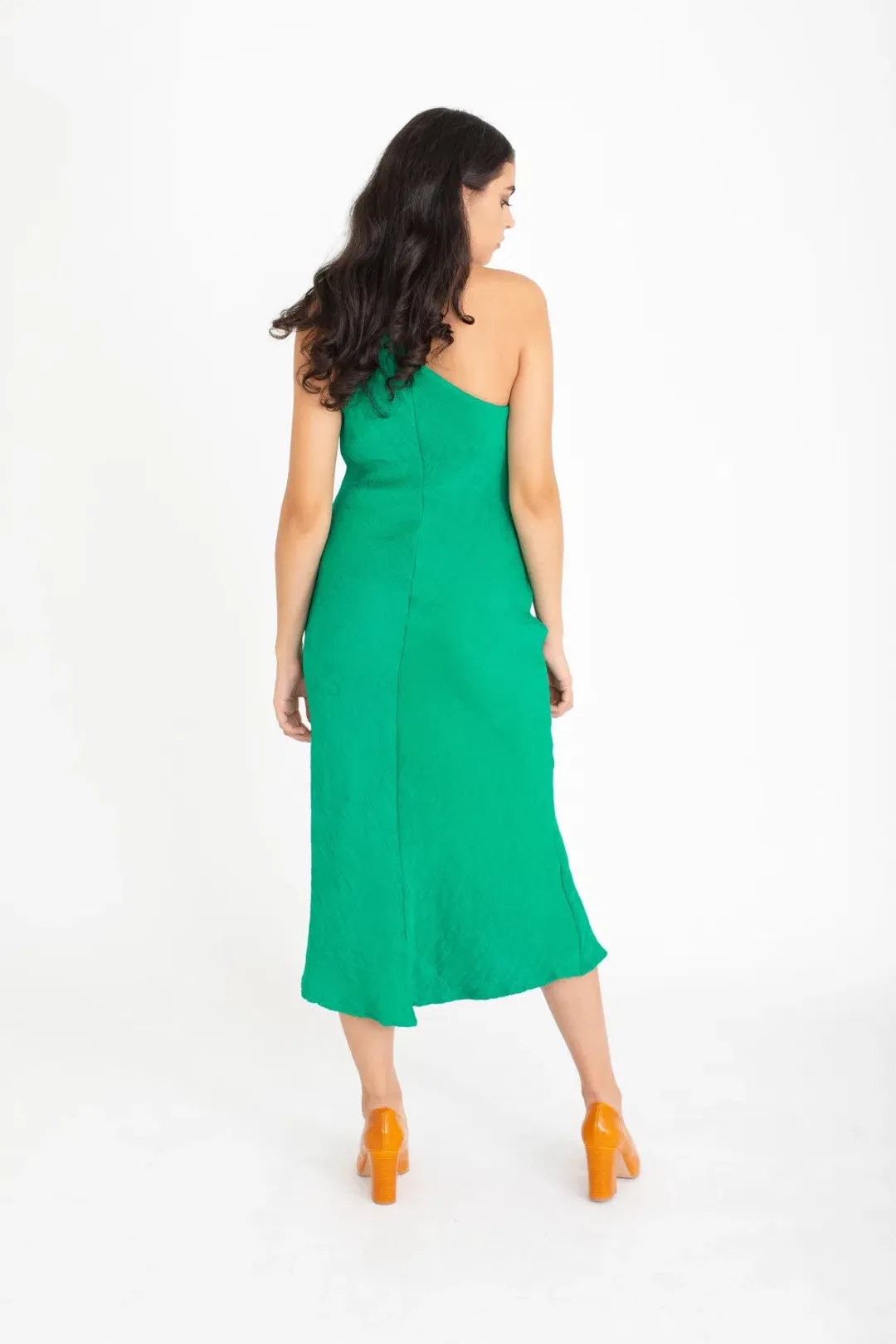 By Johnny Asymmetric Crimp Bias Midi Dress Green Size 10  for rent on The Volte - main image