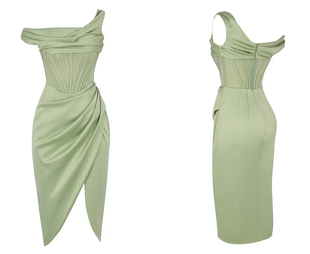 House of CB Lulu Pistachio Asymmetric Drape Corset Midi Dress Green Size 8 for rent on The Volte - main image