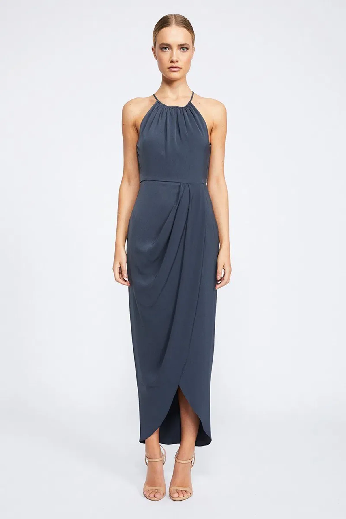 Shona Joy Core High Neck Ruched Dress Grey Size 10 for rent on The Volte - main image