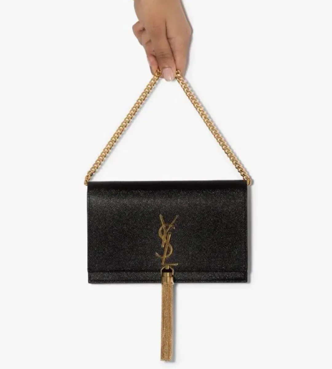 Saint Laurent Kate Textured Leather Shoulder Bag with Gold Tassel Black  for rent on The Volte - main image