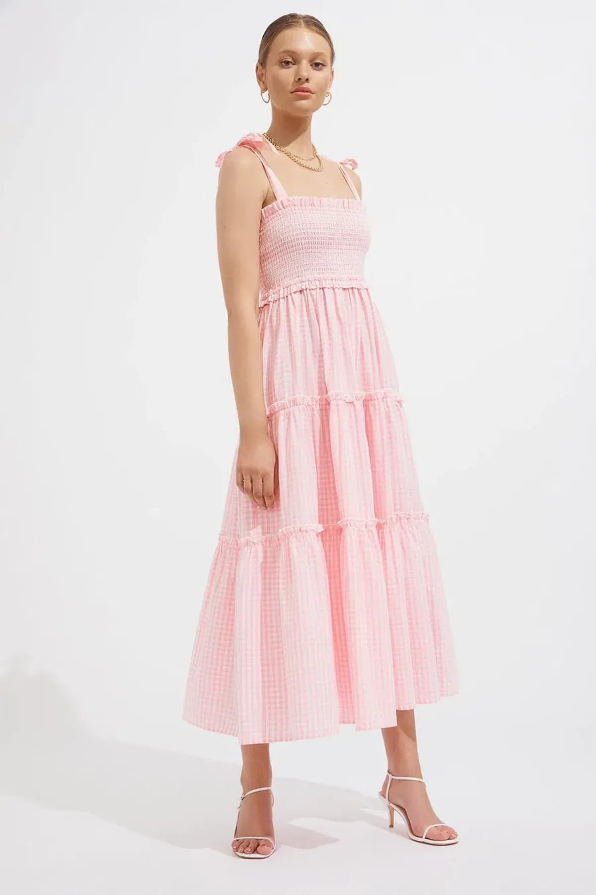 Steele Lyla Dress in Blush Check Print Size M  for rent on The Volte - main image