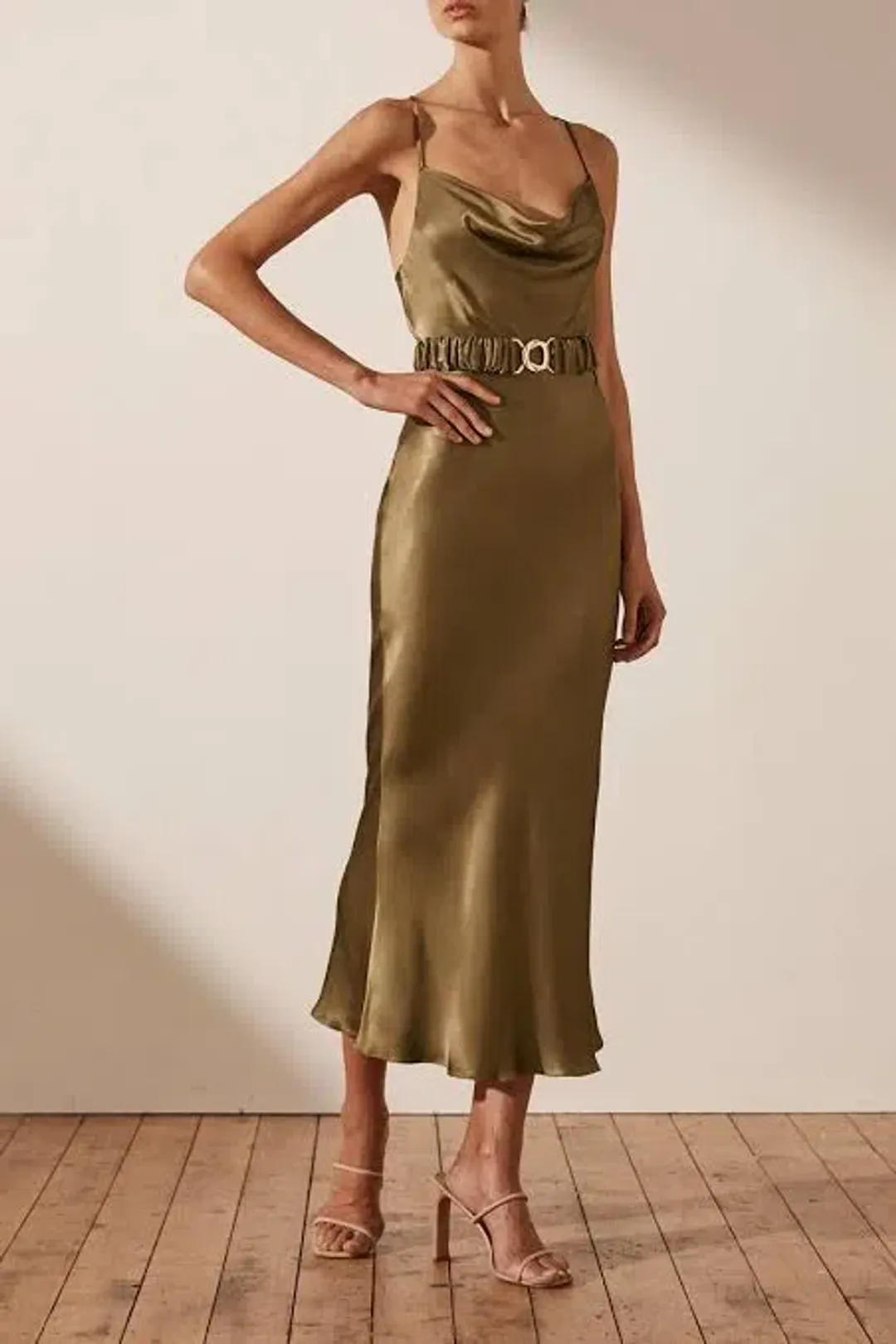 Shona Joy Gala Bias Midi Dress with Belt Warm Olive Green Size 8 for rent on The Volte - main image