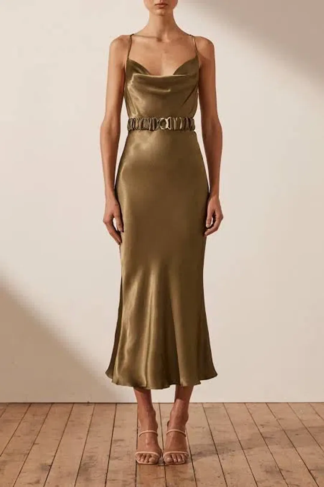 Shona Joy Gala Bias Midi Dress with Belt Warm Olive Green Size 8 for rent on The Volte - main image