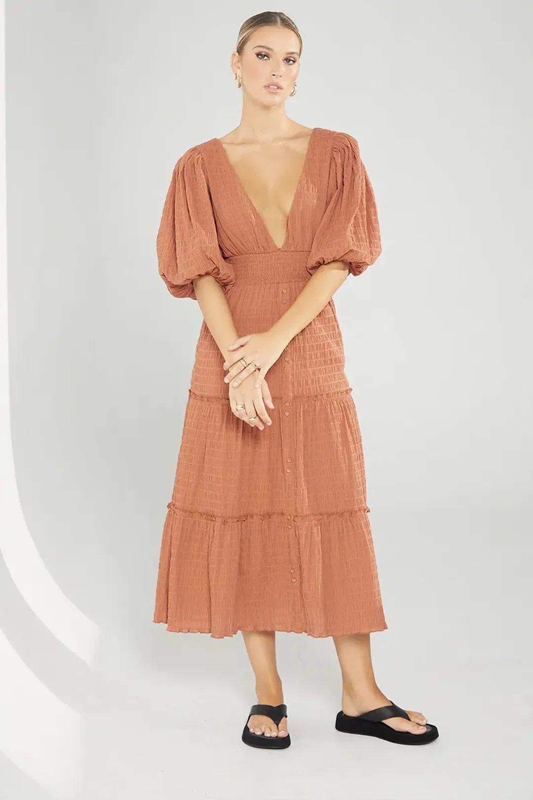 Sovere Reason Midi Dress in Cinnamon Brown Size 12 for rent on The Volte - main image